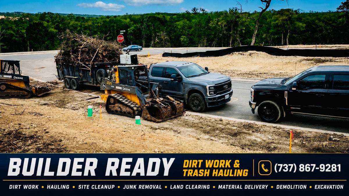 Builder Ready skid steers, work trucks and a loaded debris trailer at a Central Texas land-clearing jobsite