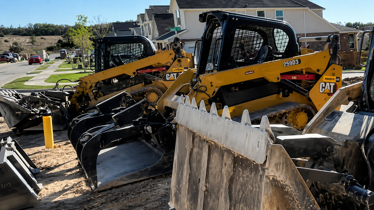 Multiple  track loaders with grading and land-clearing attachments for home-builder site preparation in Austin, Texas And surrounding areas.